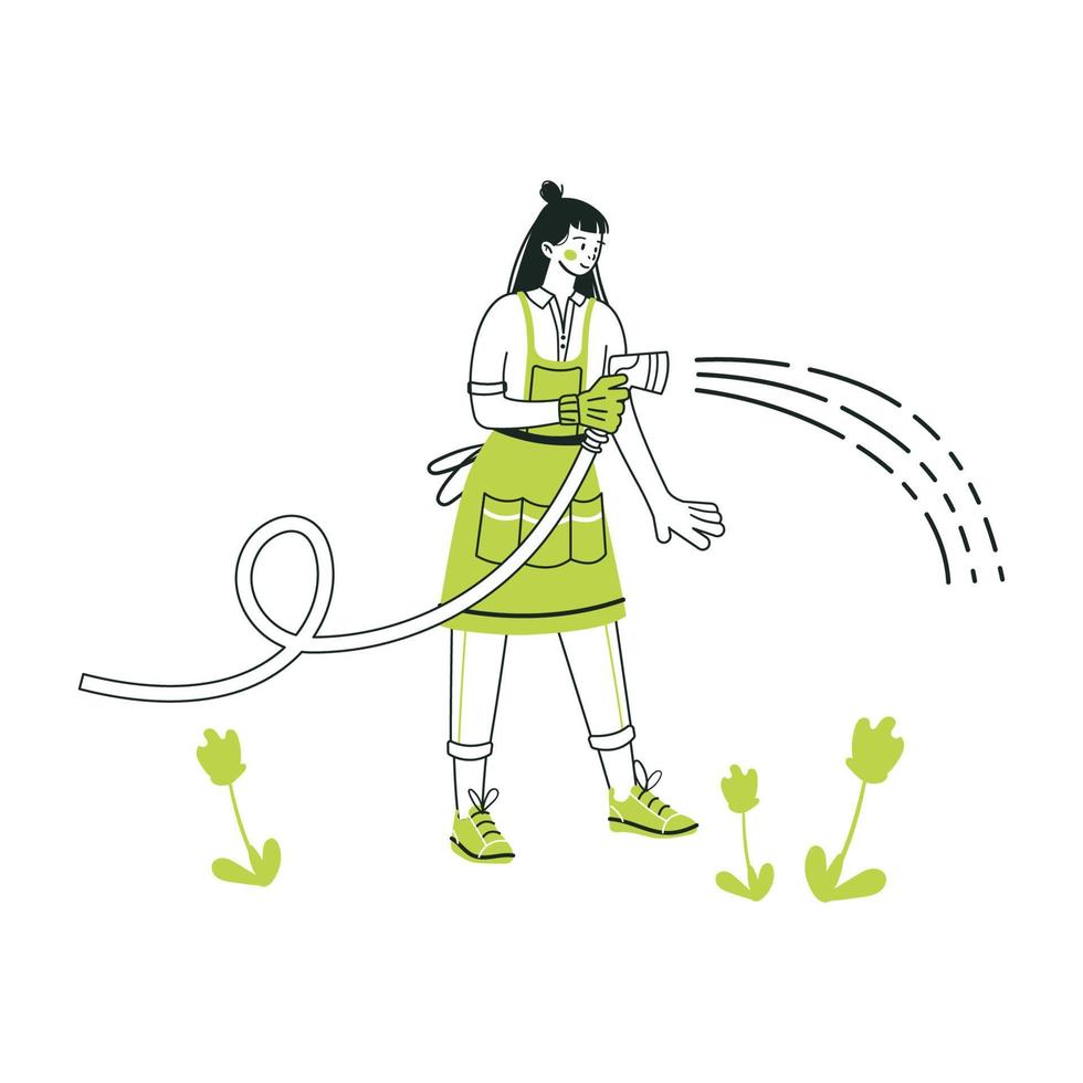 la niña riega las plantas con una manguera. una joven trabaja en un huerto o en una granja. dibujar a mano ilustración en estilo de dibujos animados. concepto de jardinería. vector