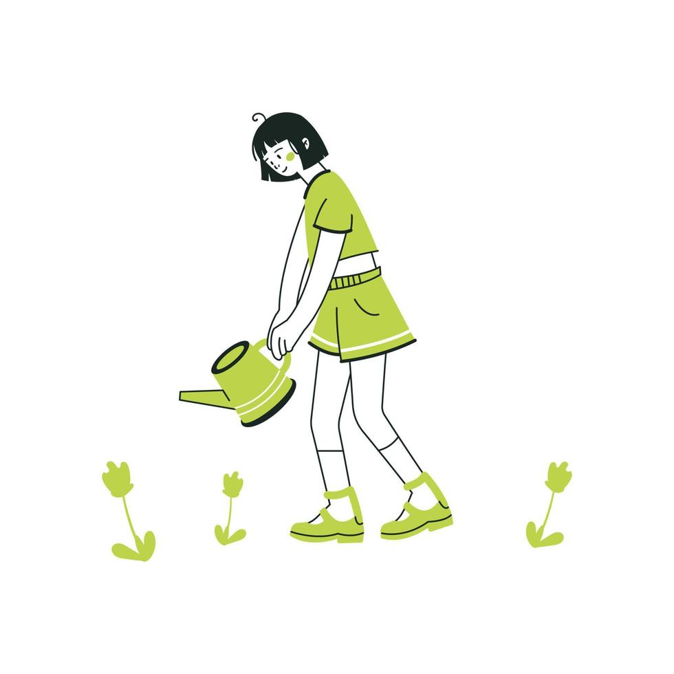 Girl watering plants with a watering can. A young woman works in a vegetable garden or a farm. Hand draw illustration in cartoon style. Gardening concept. Vector