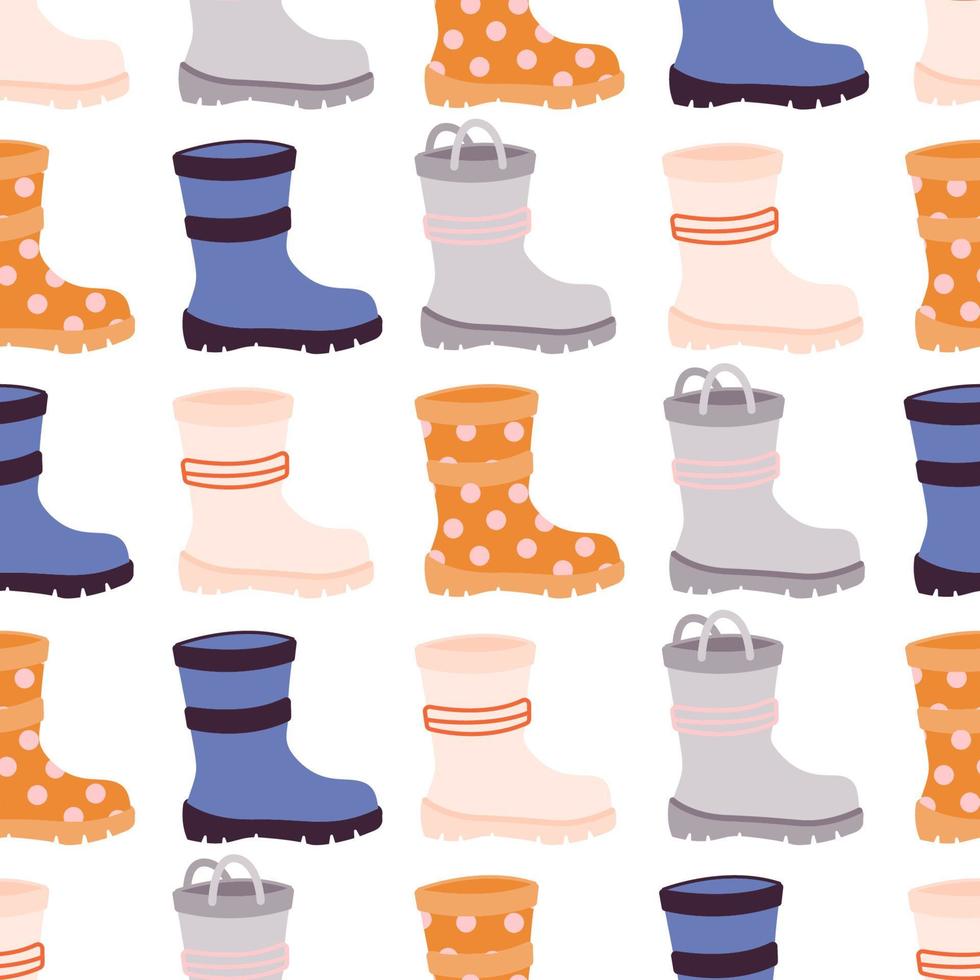 Seamless pattern with cute rubber boots. Multicolored funny repeating background. Home gardening concept. Hand drawn vector illustration in cartoon style