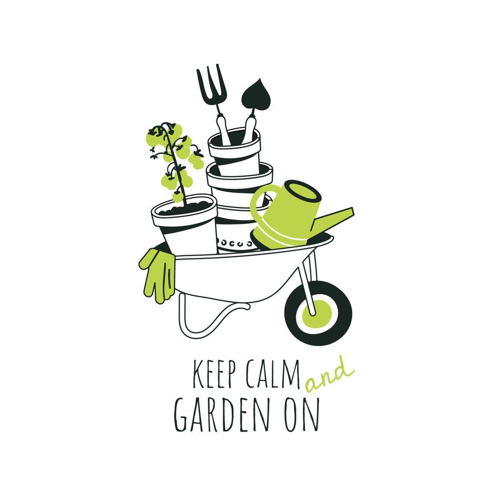 Cute illustration with wheelbarrow and garden tools. Caring, working and growing plants. Gardening concept. hand drawn cartoon style. Vector