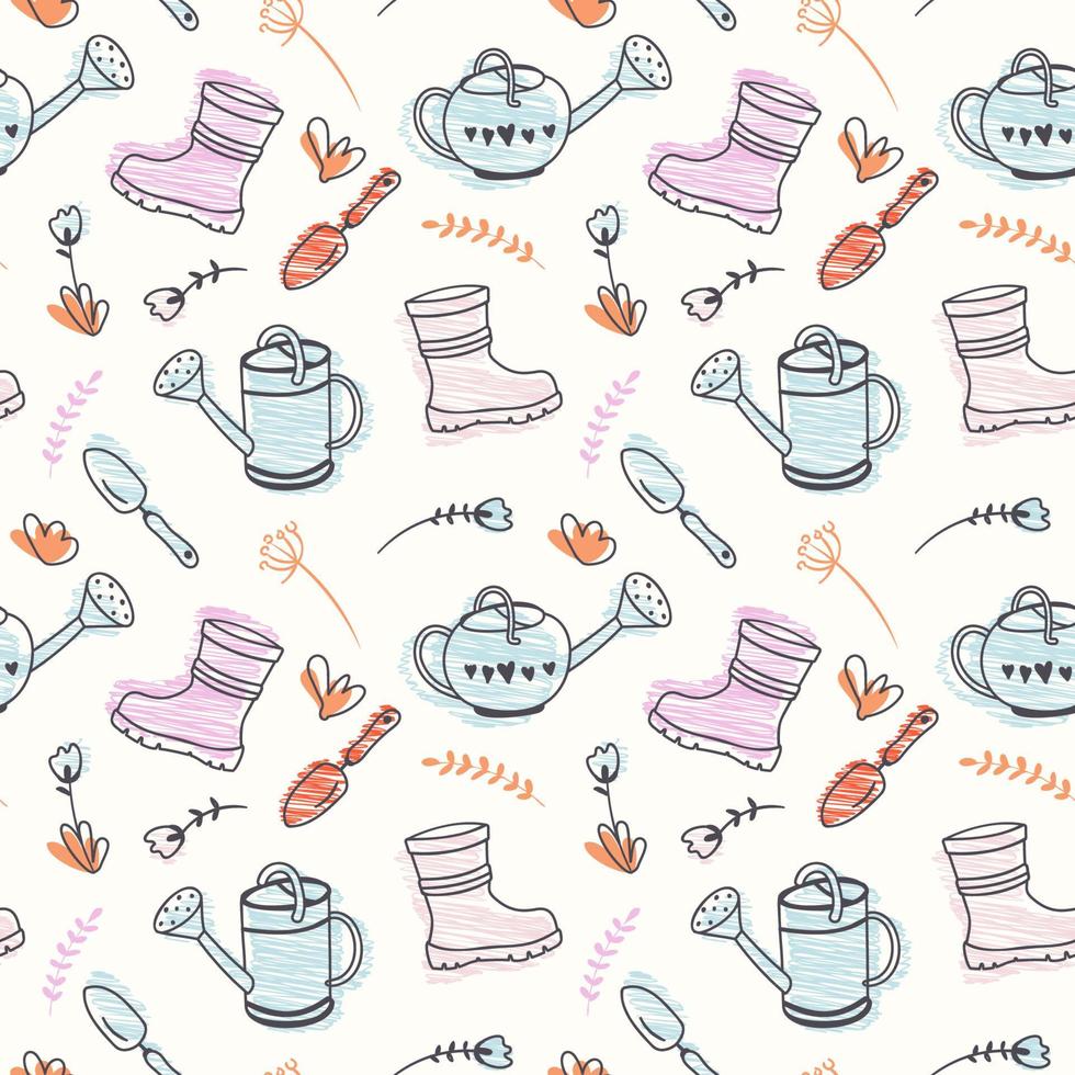 Spring seamless pattern with cute garden tools. Repeating background with watering can, shovel, rubber boots and flowers. Gardening concept. Hand drawn vector illustration