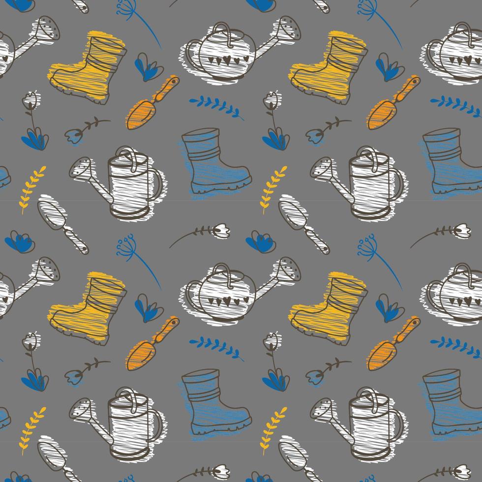 Spring seamless pattern with cute garden tools. Repeating background with watering can, shovel, rubber boots and flowers. Gardening concept. Hand drawn vector illustration