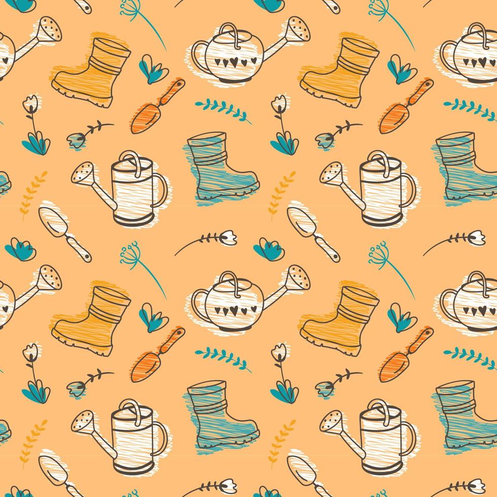 Spring seamless pattern with cute garden tools. Repeating background with watering can, shovel, rubber boots and flowers. Gardening concept. Hand drawn vector illustration