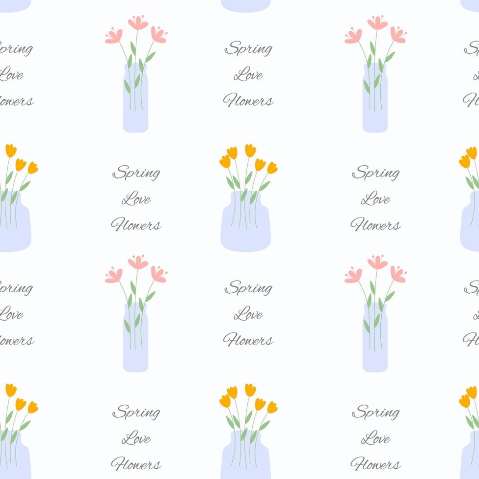 Floral elegance spring pattern with flowers in vase. Simple trendy flat style. Suitable for gift paper, textile, wrapping paper for florist. Romantic and lovely background. Seamless texture. vector