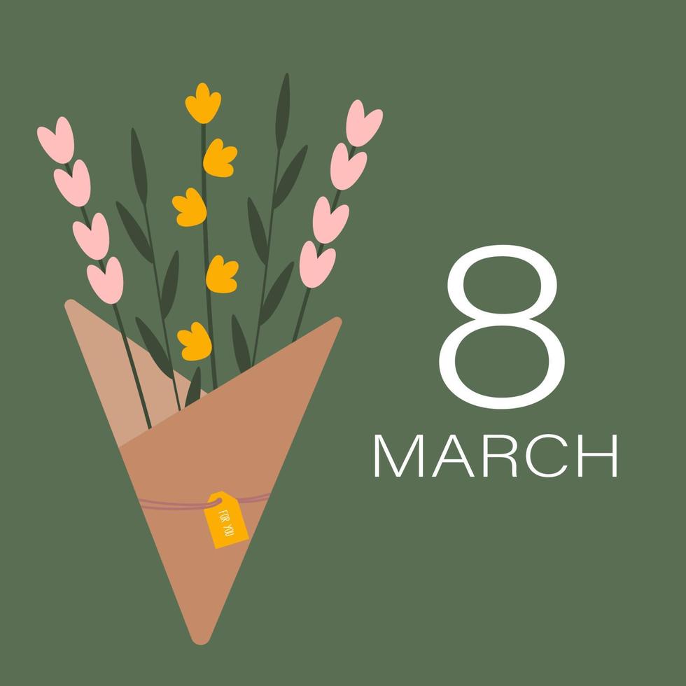 tarjetas de felicitación o plantillas de postales con un ramo de flores y un deseo de un feliz día de la mujer. 8 de tarjeta de marzo. ilustración minimalista simple. vector