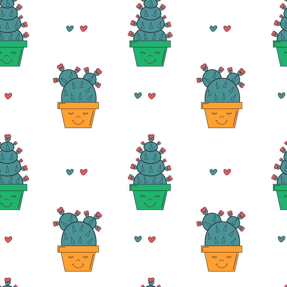 cactus patrón de vector transparente con lindos cactus de dibujos animados y corazones. estampado romántico y amoroso para papel de regalo, textil. suculentas en macetas sonrientes. diseño moderno de moda.