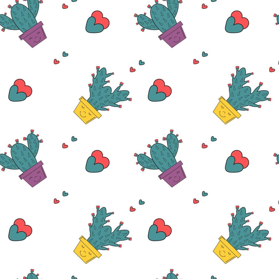 Seamless pattern with cactus in pot and hearts. Vector illustrations for gift wrap, textile, printing. Romantic and lovely background with cartoon cacti. Succulents in flowerpots. Mexican style.