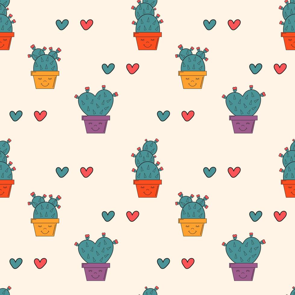 Vector seamless pattern with succulents and cactuses in pots with hearts. Illustration for wallpaper, gift paper and textile. Romantic and lovely background with cartoon cacti.