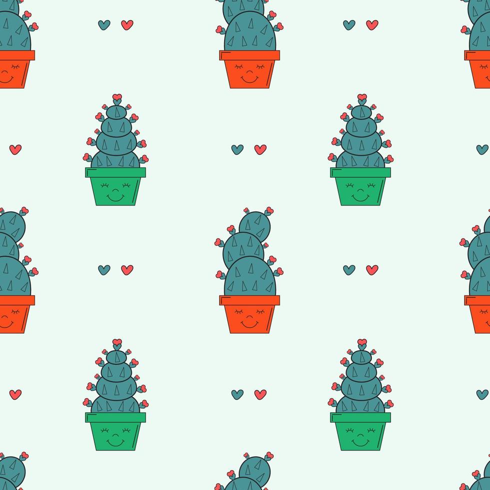 Vector seamless pattern with succulents and cactuses in pots with hearts. Illustration for wallpaper, gift paper and textile. Romantic and lovely background with cartoon cacti.