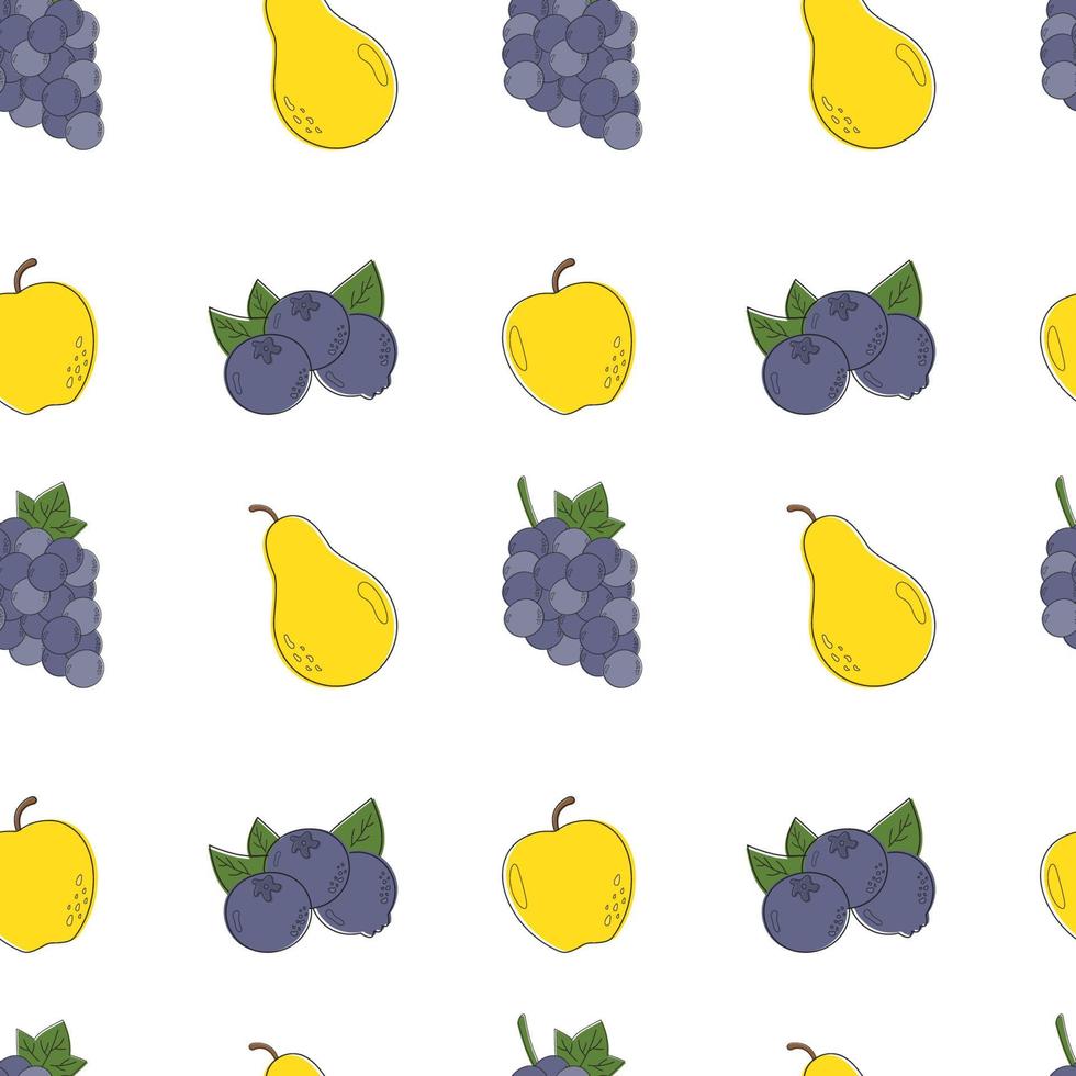 Seamless pattern with colorful fresh fruits pear, grape, blueberry, apple. Vector illustrations for gift wrap, textile, printing. Cute summer pattern in trendy style.