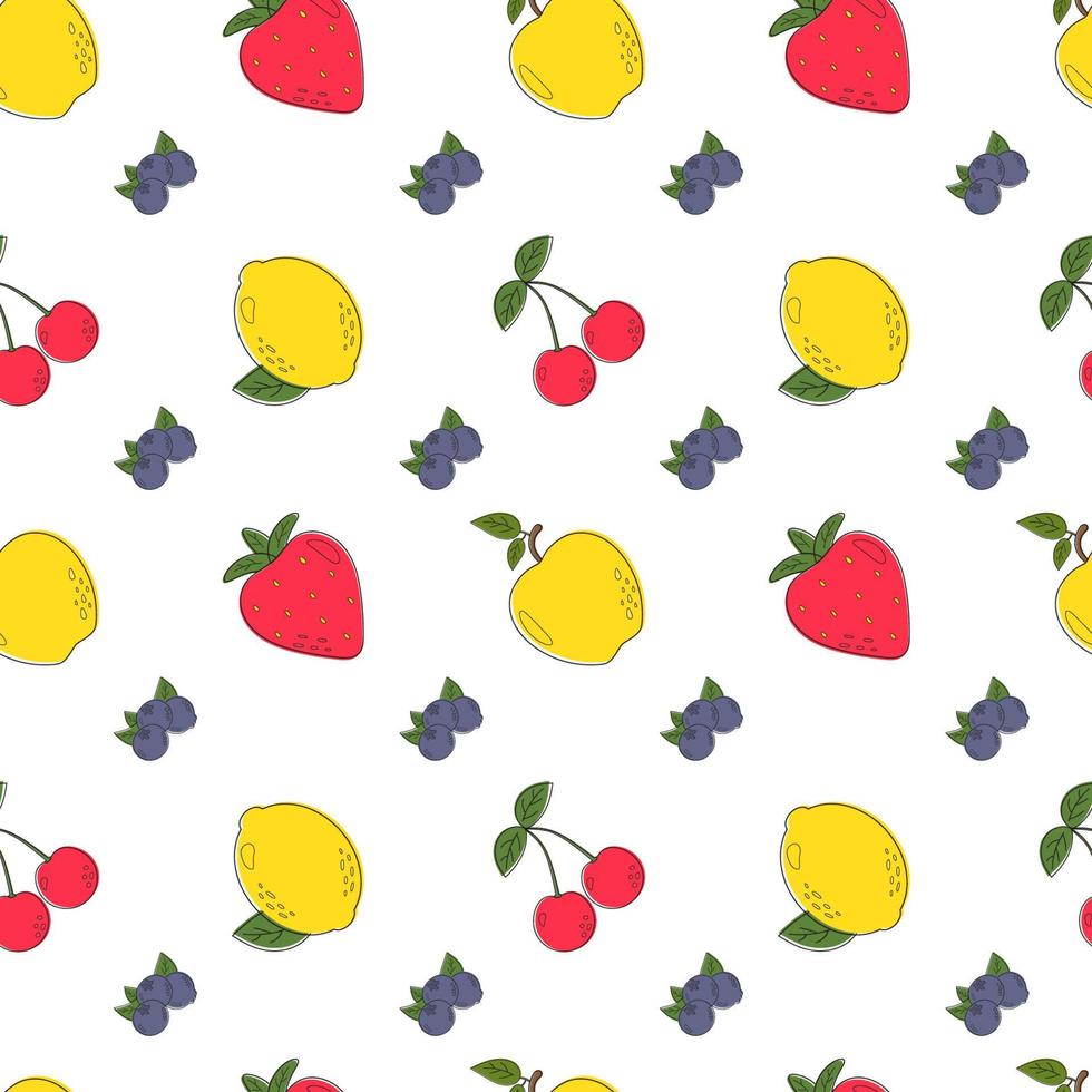 Seamless pattern with colorful fresh fruits apple, lemon, blueberry and cherry. Vector illustrations for gift wrap, textile, printing. Cute summer pattern in trendy style.