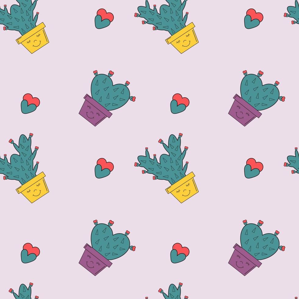 lindo patrón sin costuras de cactus con corazones y suculentas en macetas. fondo romántico y encantador con cactus de dibujos animados. ilustraciones vectoriales para papel de regalo, textil, impresión. vector