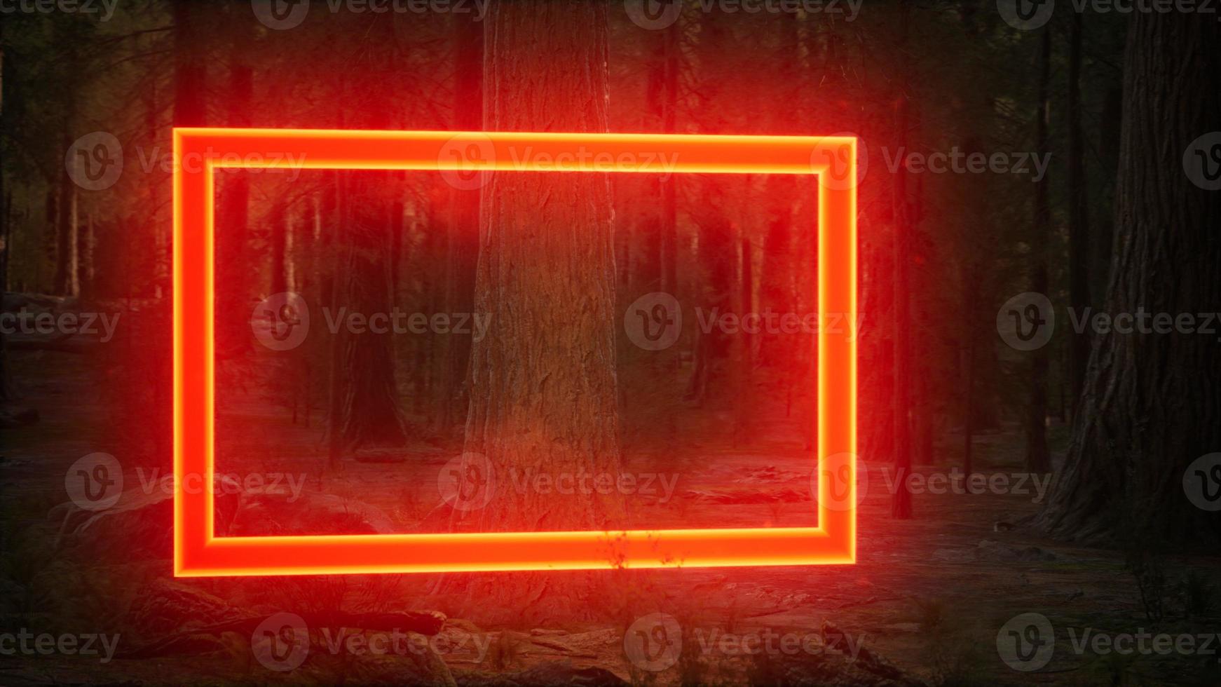 Neon glowing rectangle frame in the night forest photo