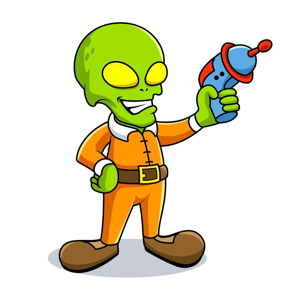 cartoon cute alien holding gun funny illustration vector