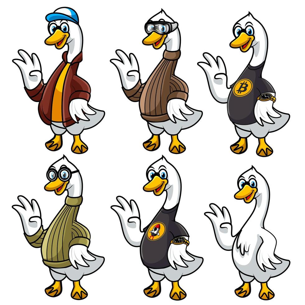 set of cartoon swan mascot wearing different clothing accessories vector