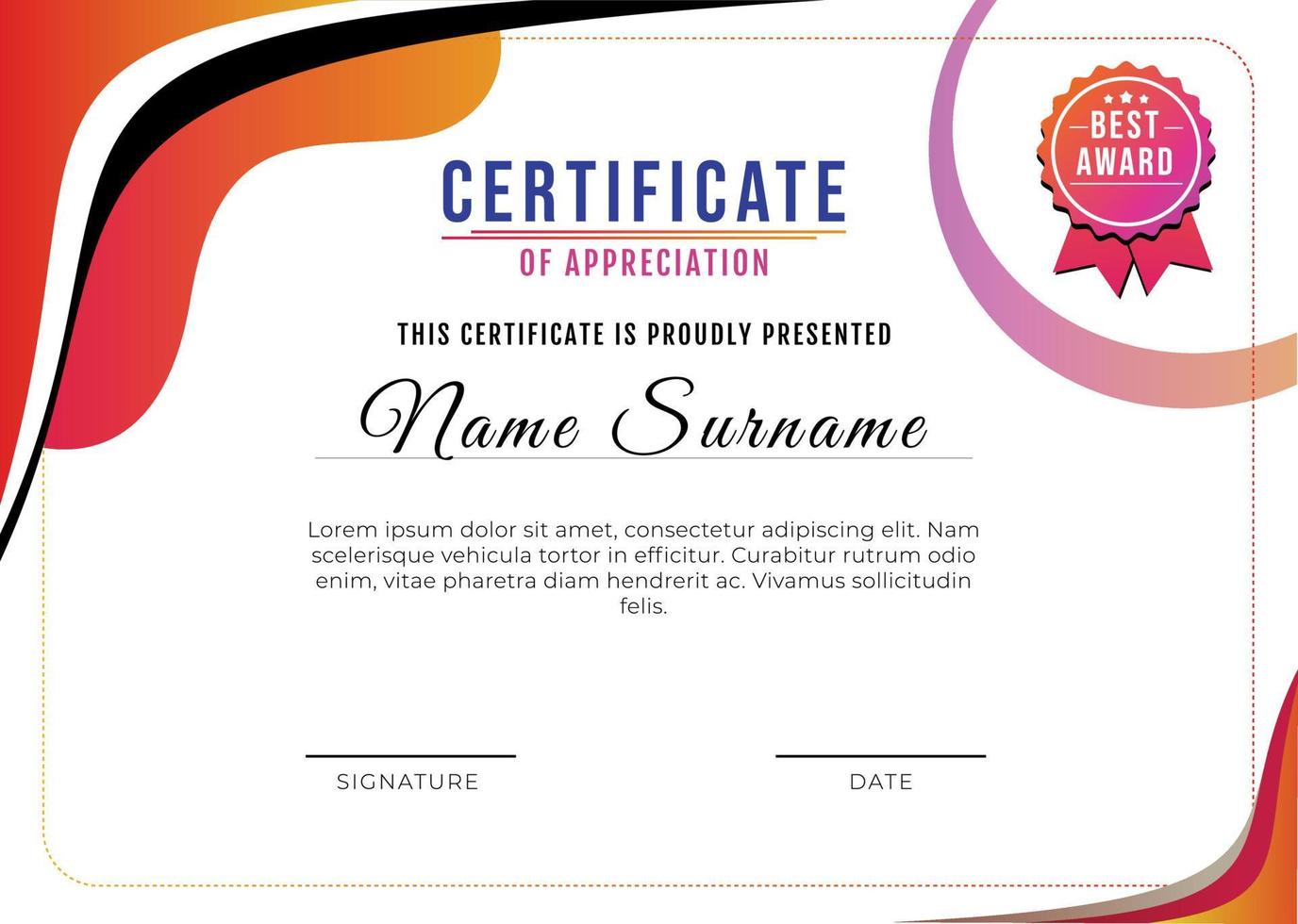 Abstract certificate for appreciation vector