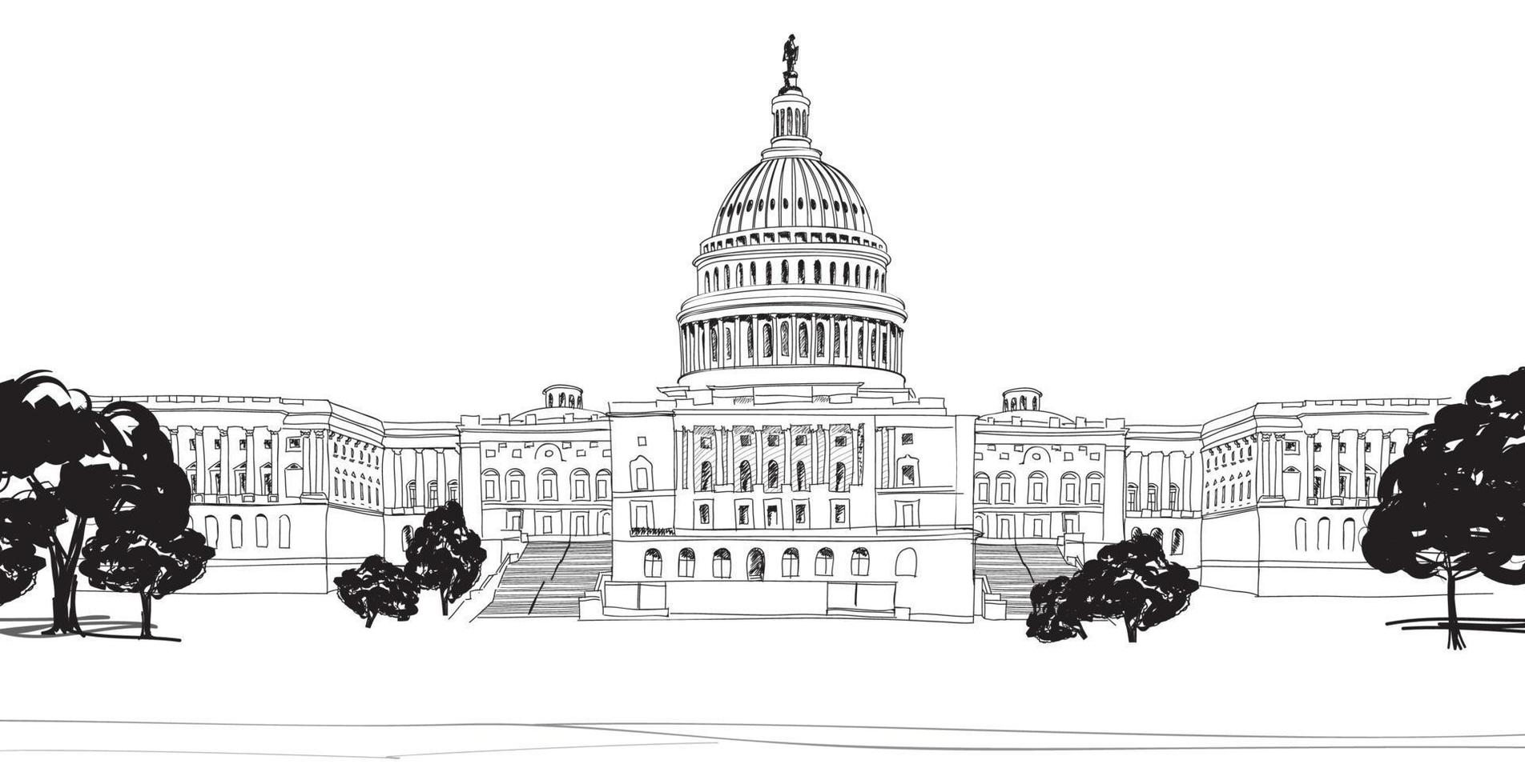 Washington DC Capitol landscape, USA. Hand Drawn Pencil Vector Illustration.
