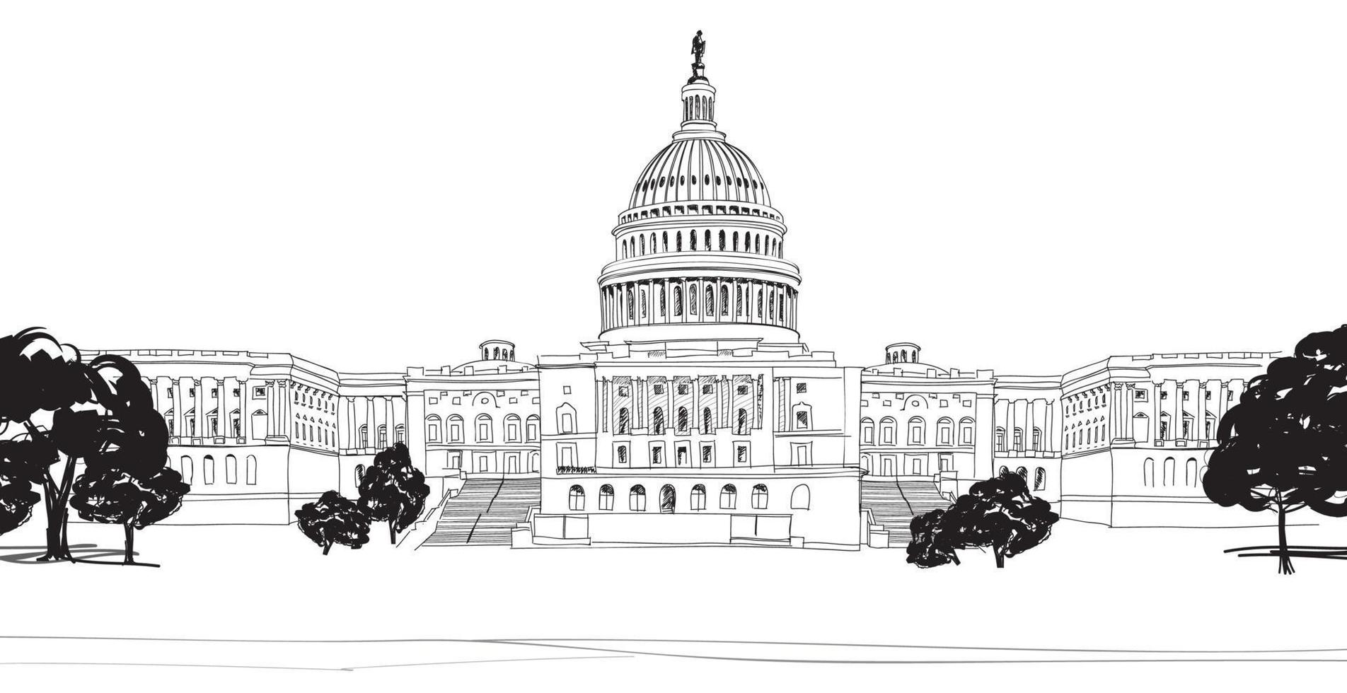 paisaje del capitolio de washington dc, estados unidos. ilustración de vector de lápiz dibujado a mano.