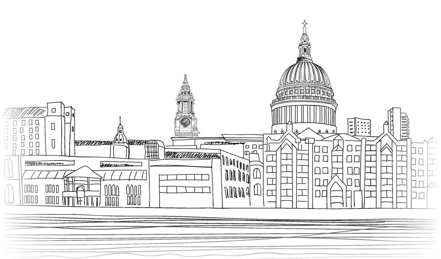 St Paul's Cathedral. London city landscape with River Thames, England UK. Hand drawn pencil vector  travel skyline illustration.