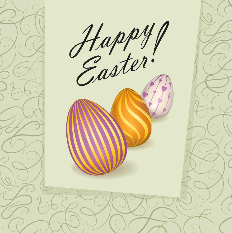 Happy Easter greeting card. Spring holiday background with  handwritten lettering HAPPY EASTER over line drawn Easter icons eggs and festive background. vector