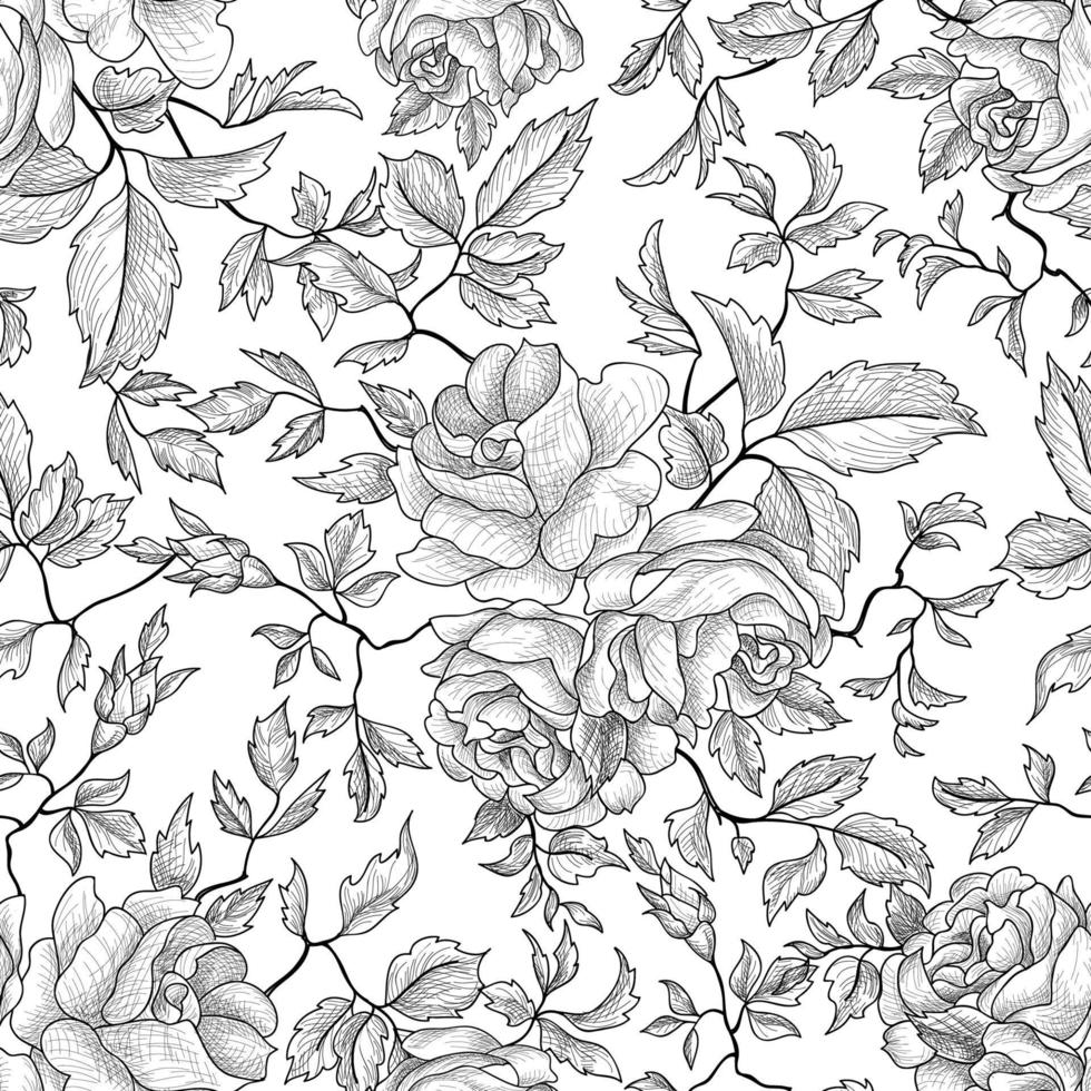 Floral line art drawing seamless pattern. Flower garden background. Flourish garden retro texture vector
