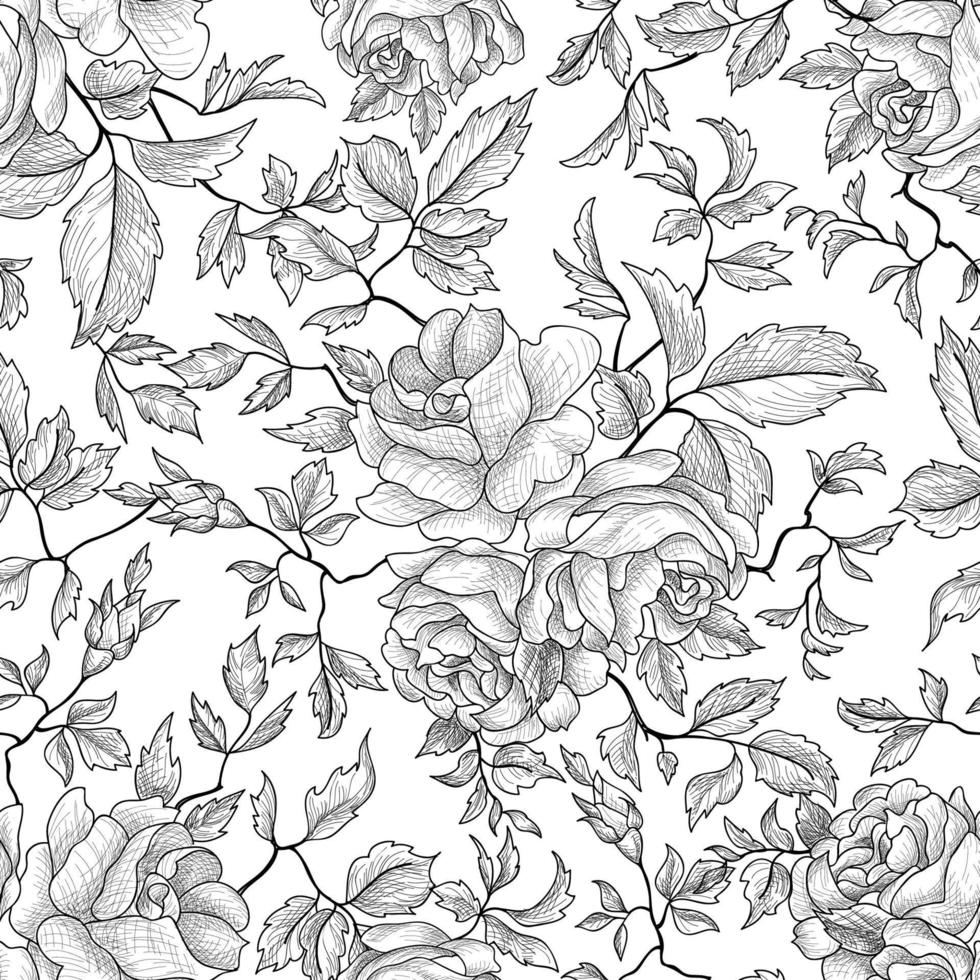 Floral line art drawing seamless pattern. Flower garden background. Flourish garden retro texture vector