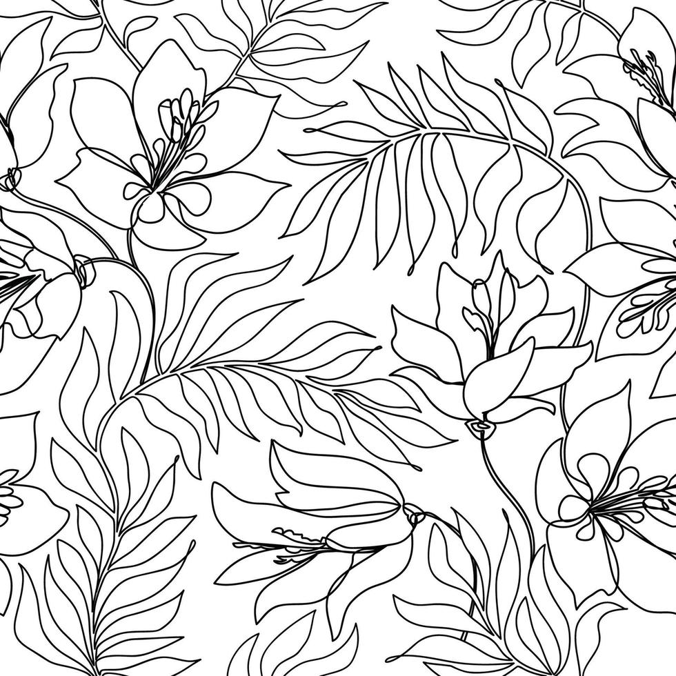 Floral pattern. Flower and leaves seamless background. Flourish ornamental garden wallpaper in linear style vector