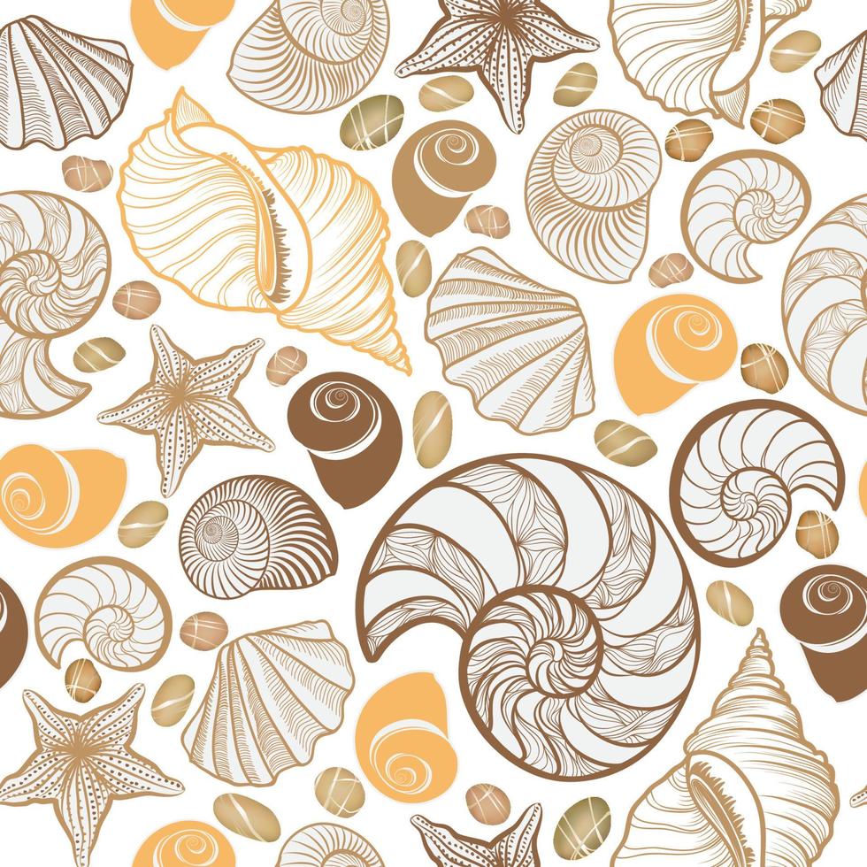 Seashell seamless pattern. Summer holiday marine background. Underwater ornamental textured sketching wallpaper with sea shells, sea star and sand. vector