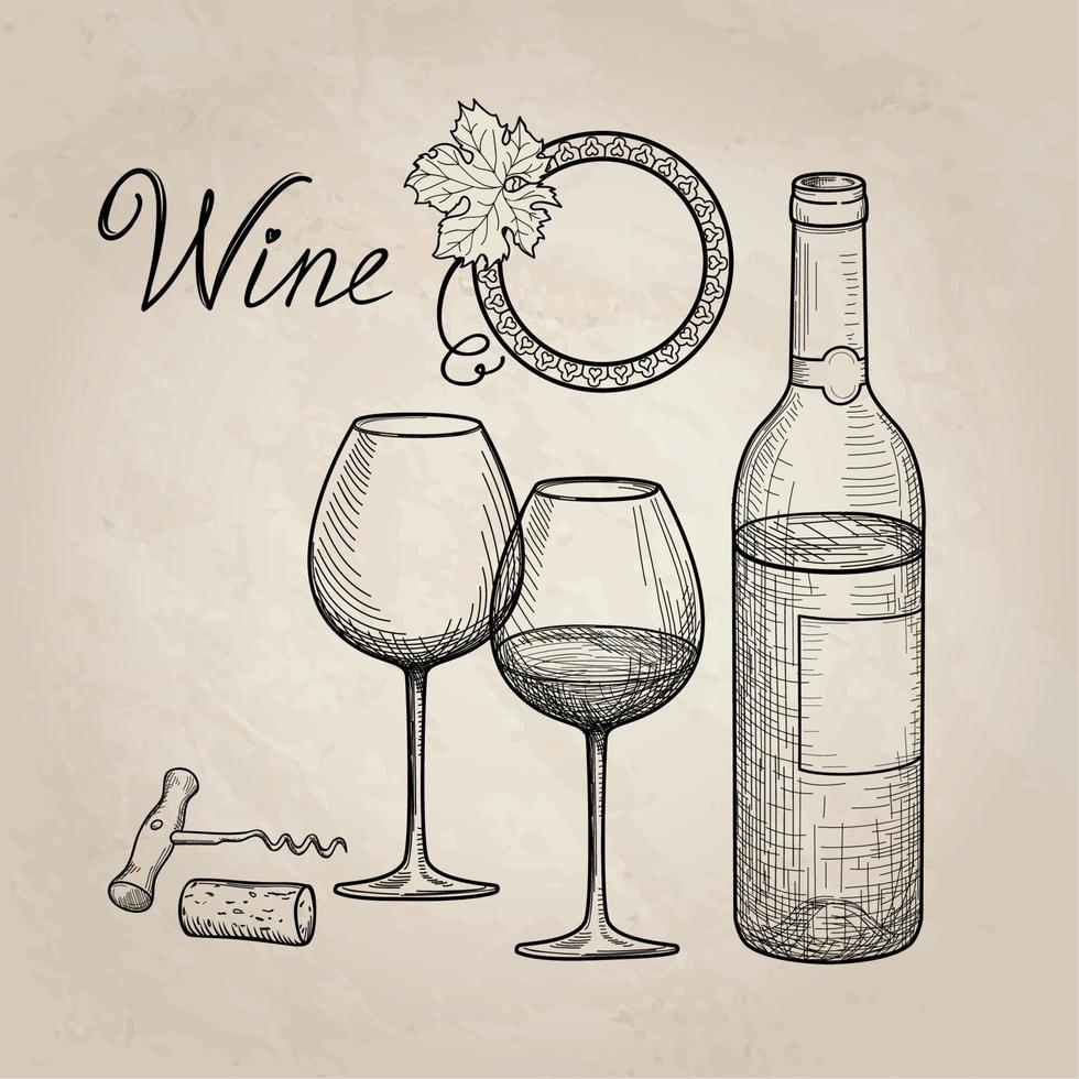 juego de vino beber vino. pancarta del menú de la barra de café. copa de vino, botella, letras. fondo de tarjeta de vino vector