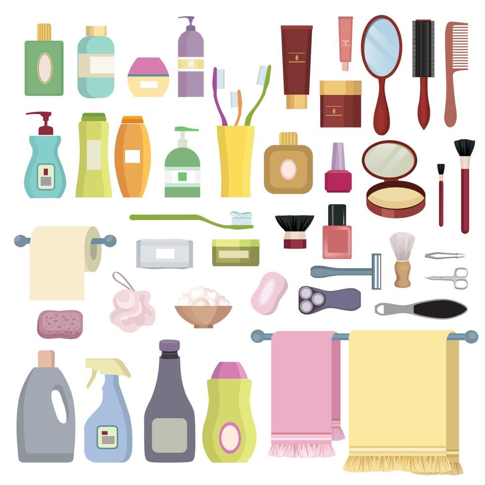 conjunto de objetos relacionados con el cuidado de la belleza. símbolos de higiene. suministros de baño, ducha, cuidado de los dientes, cepillos, toallas y maquinillas de afeitar. vector