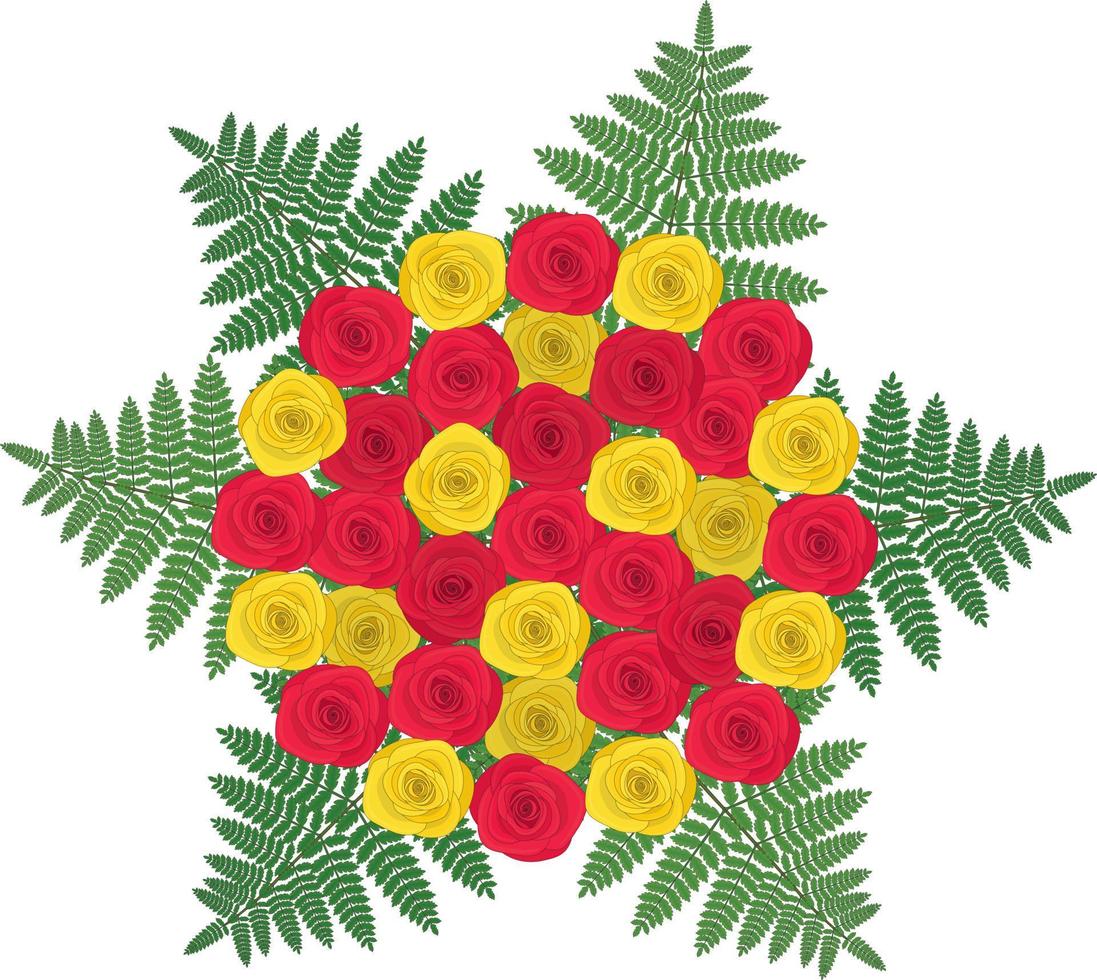 Red and yellow roses bouquet decorated with fern leaves vector illustration