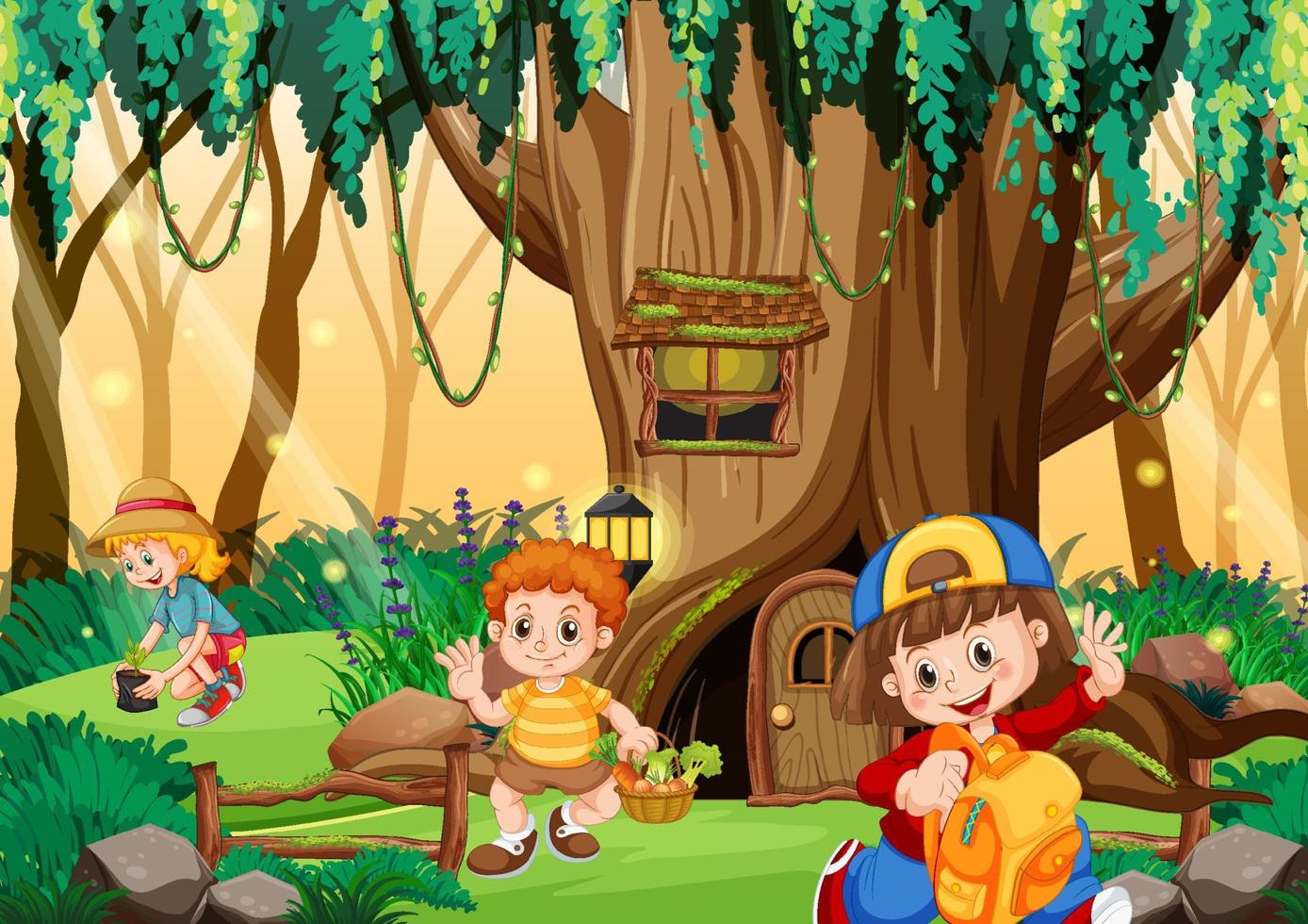 niños en un bosque encantado con un gran árbol hueco vector