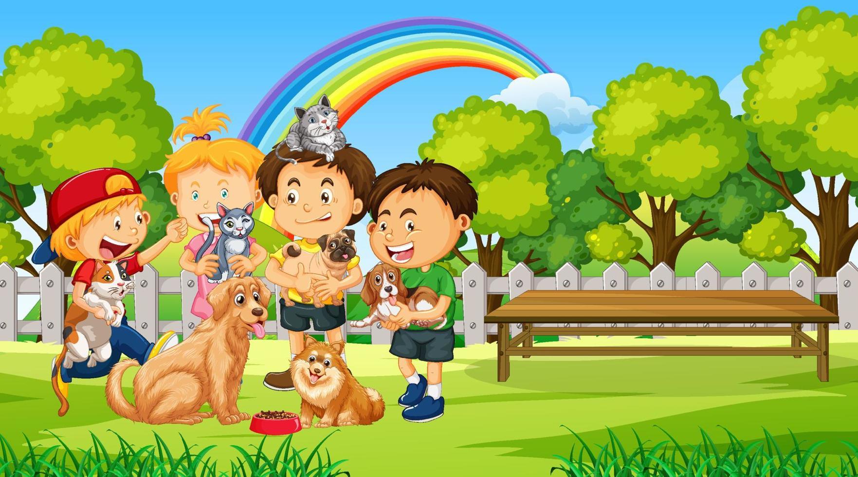 Park scene with children playing with their animals vector