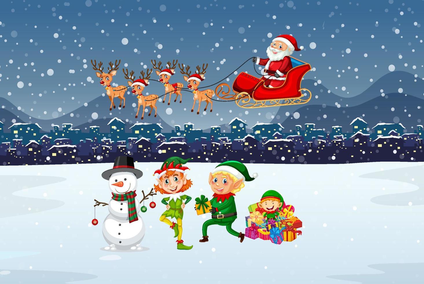 Snowy night scene with Christmas cartoon characters vector