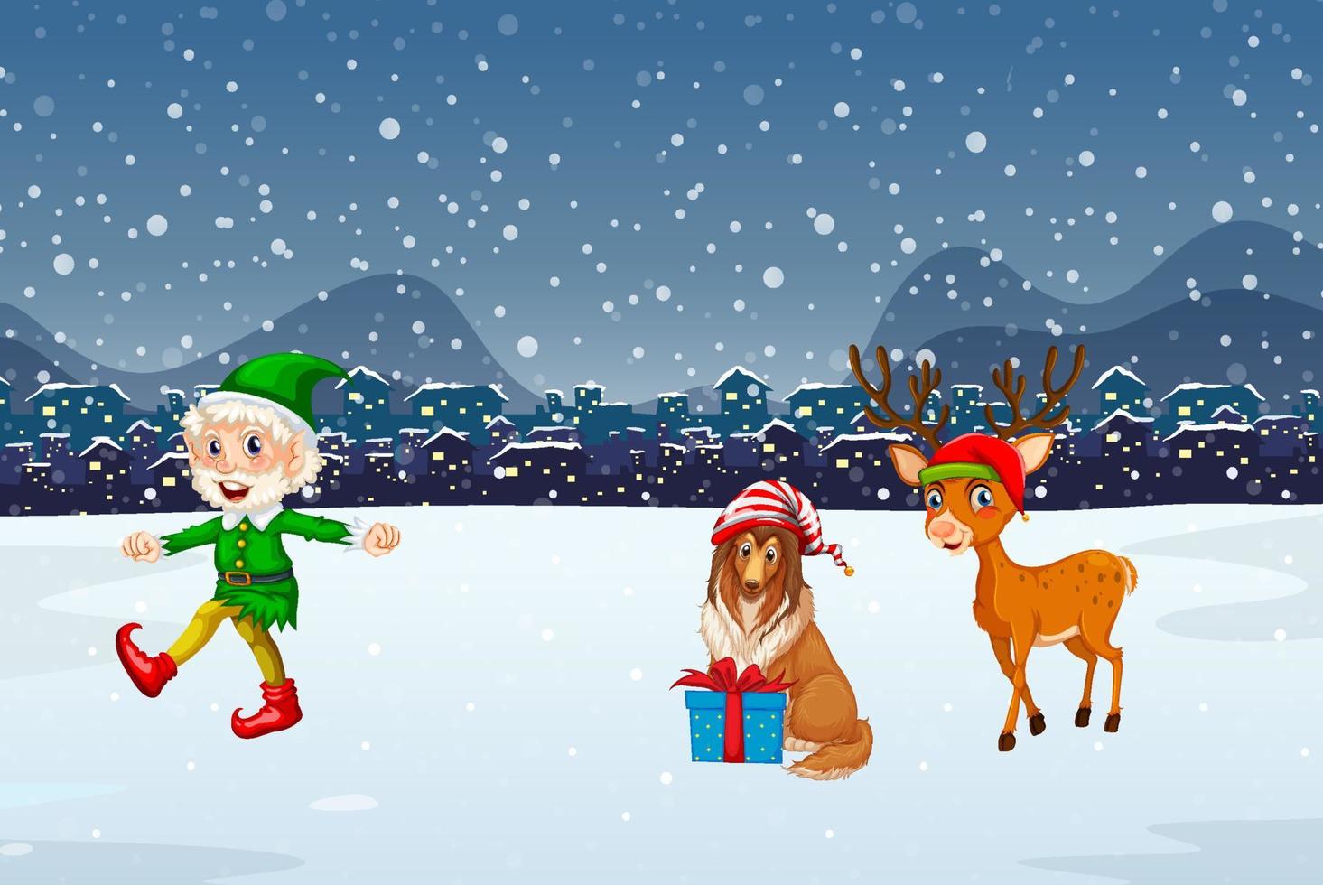 Snowy night scene with Christmas cartoon characters vector