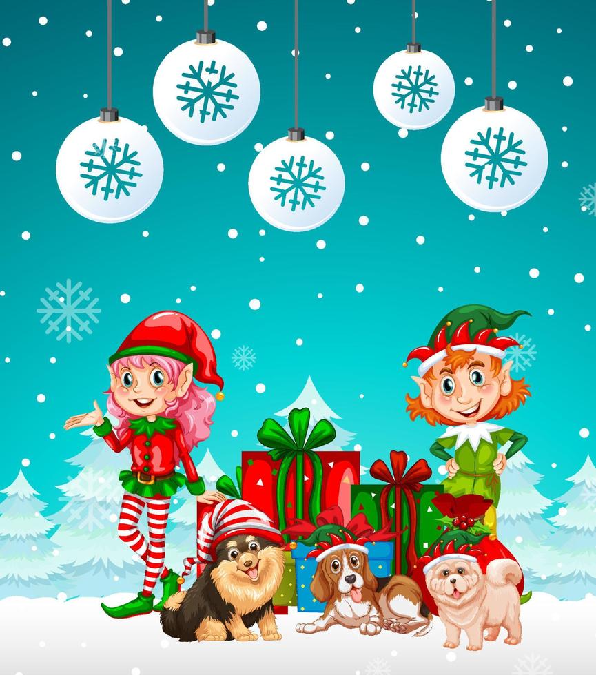 Christmas poster design with two elves and dogs on snowy background vector