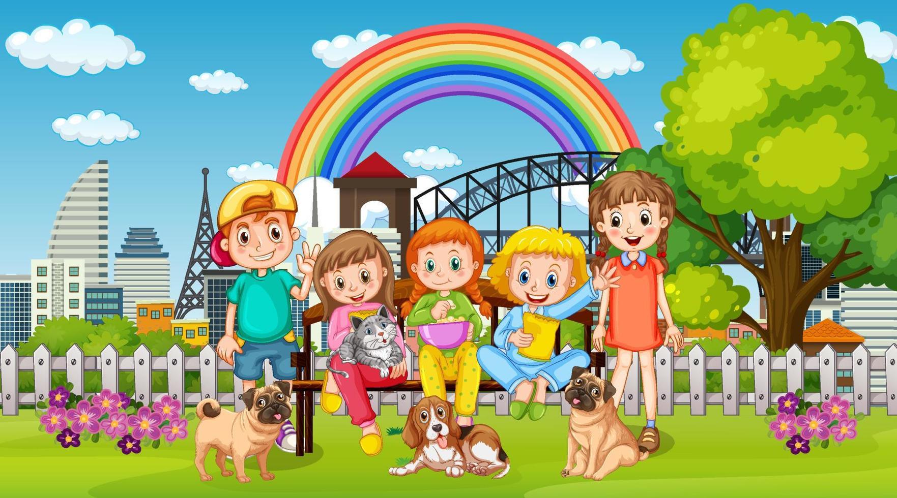 Children playing with their animals at the park vector