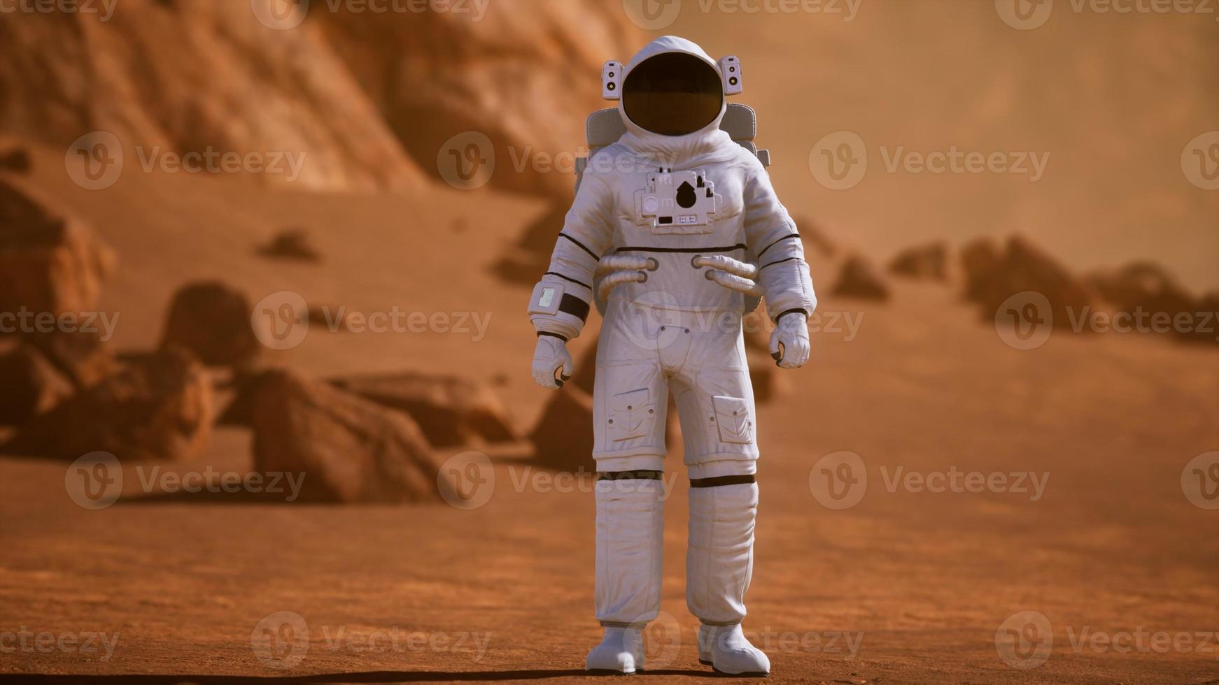 Astronaut on Mars Surface. Red Planet Covered in Gas and rock photo