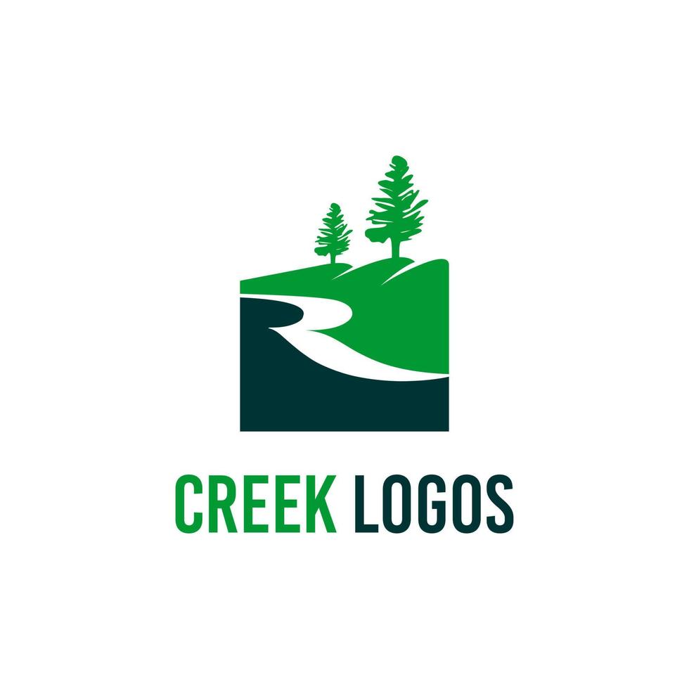 river creek logo simple green modern square tree hill design template vector