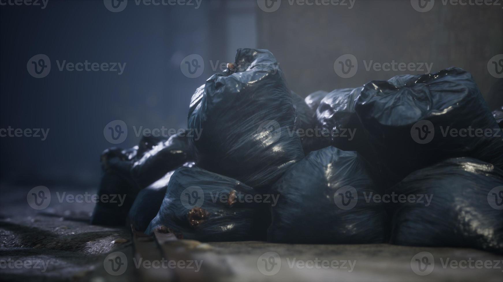 Garbage bags at city street an night photo