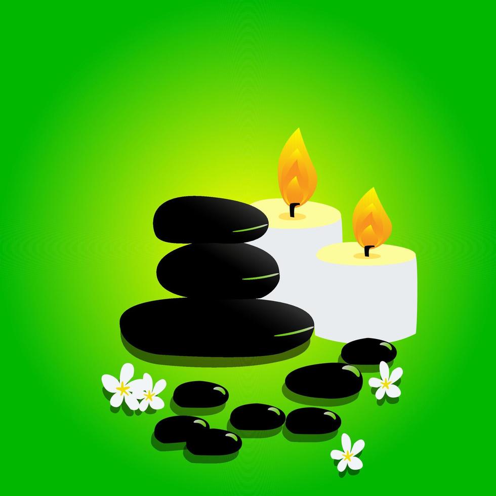 Balancing spa stones, flower of plumeria and candles on green background. vector