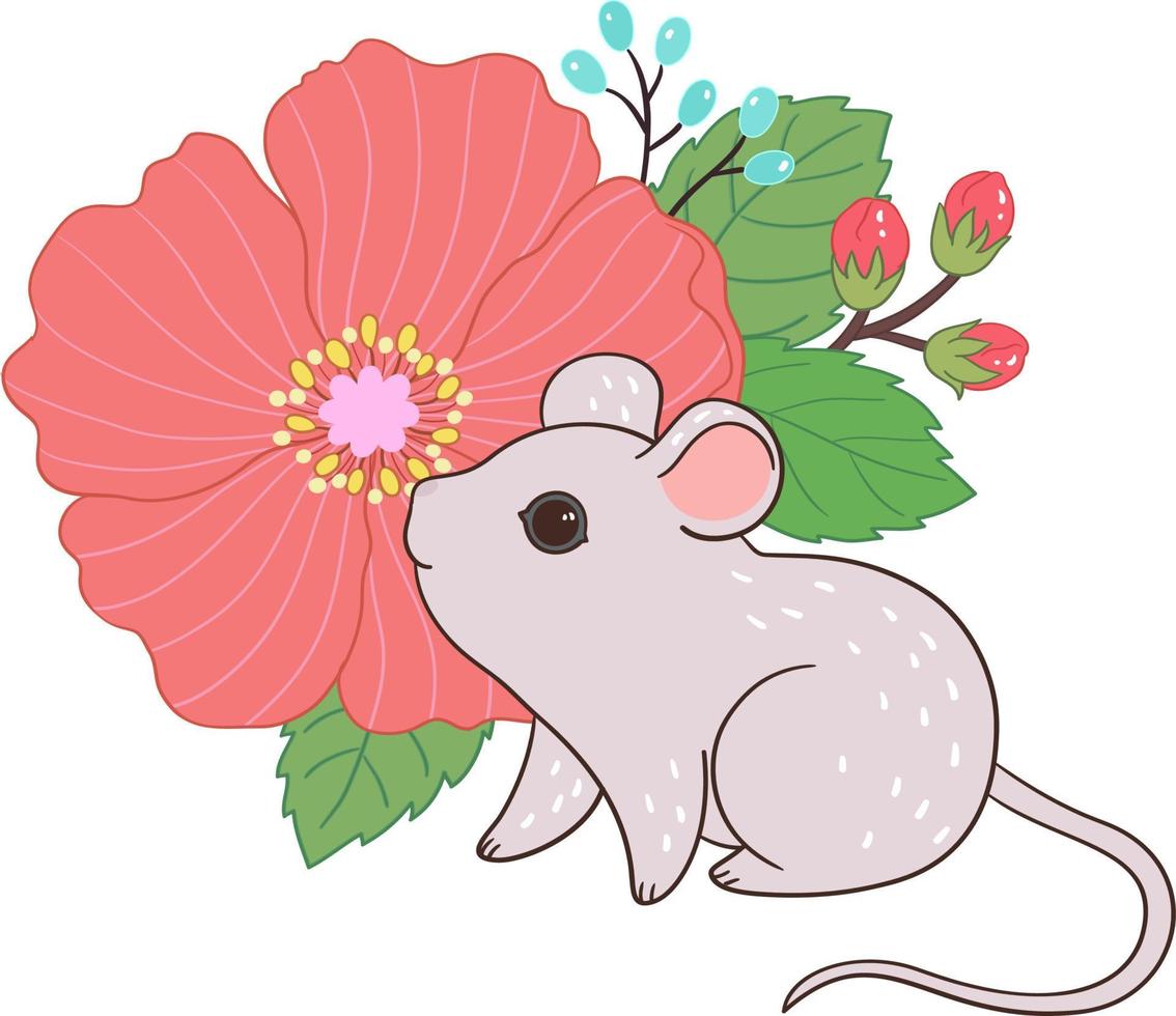 little mouse standing in front of a flower cluster vector