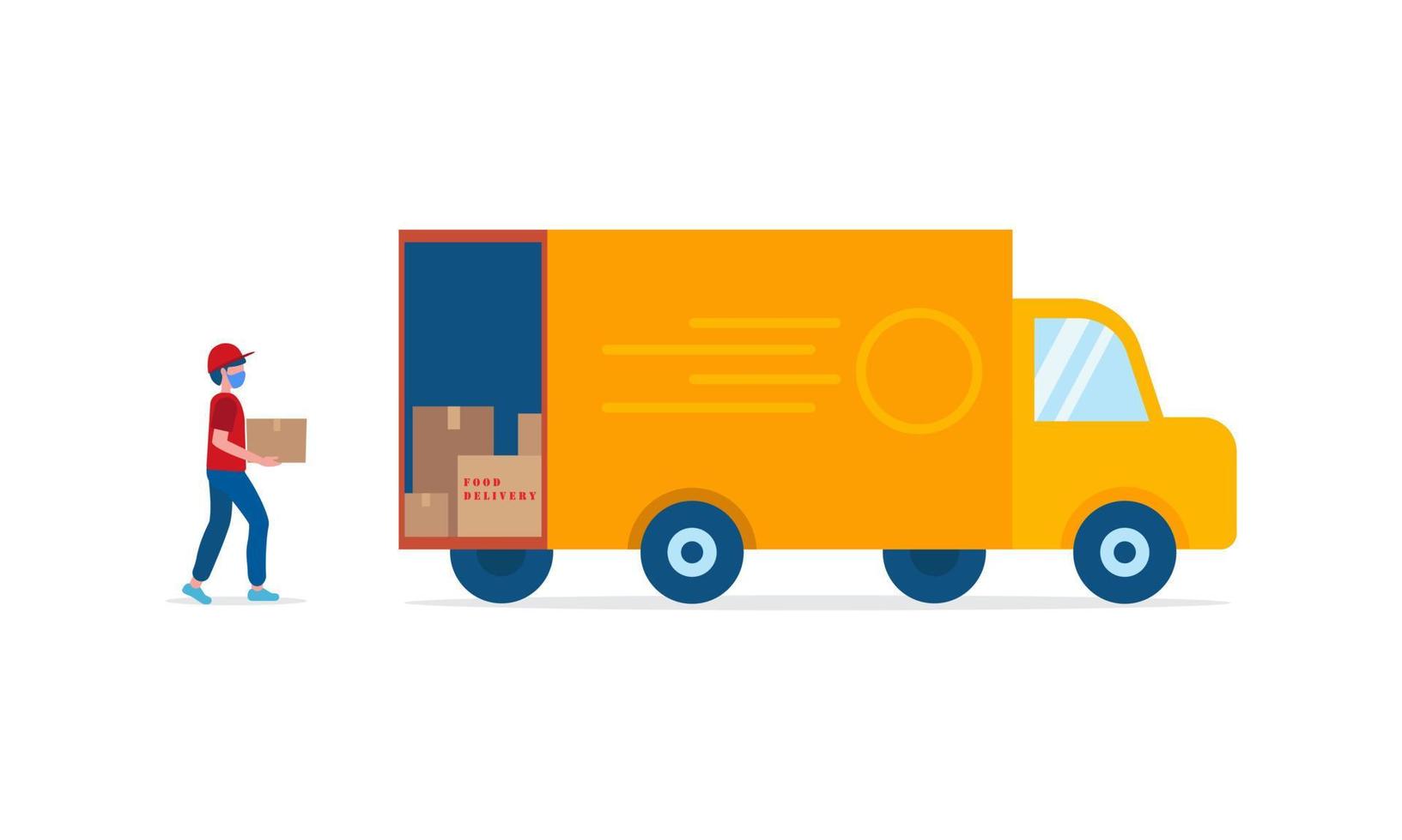 Online delivery service concept, delivery home and office. Express delivery courier in uniform loads boxes with orders into car. Truck, delivery man in respiratory mask vector