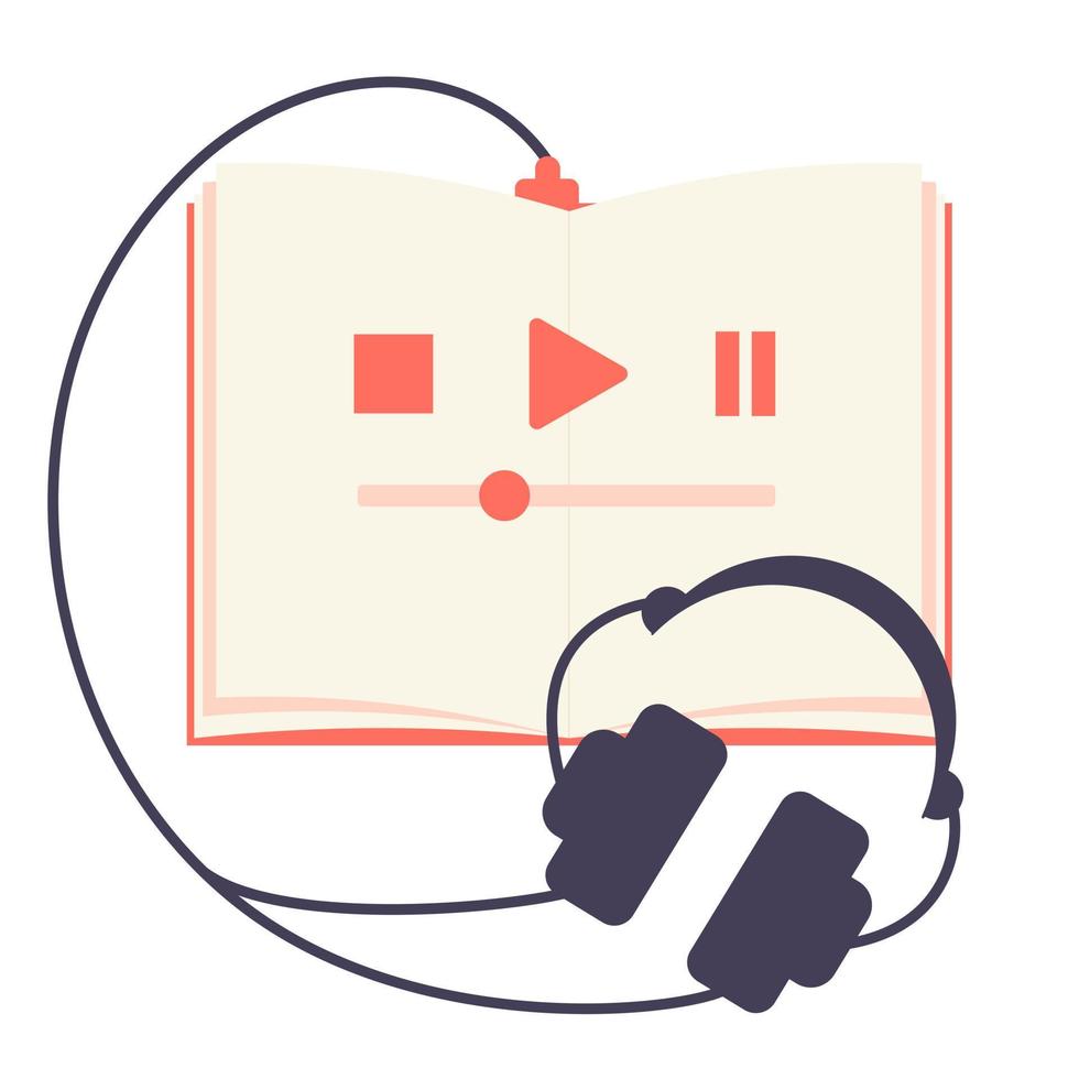 auriculares y libro aislado sobre fondo blanco. audiolibro, biblioteca electrónica, podcast. concepto de libros digitales en línea. lectura, educación a distancia, educación vector