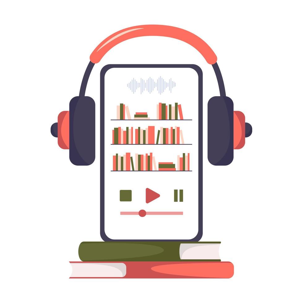 logotipo de audiolibros. pantalla de tableta o teléfono inteligente con  libros y auriculares. concepto de biblioteca electrónica, aprendizaje a  distancia, educación. logotipo de la aplicación de libros digitales en  línea 5842791 Vector