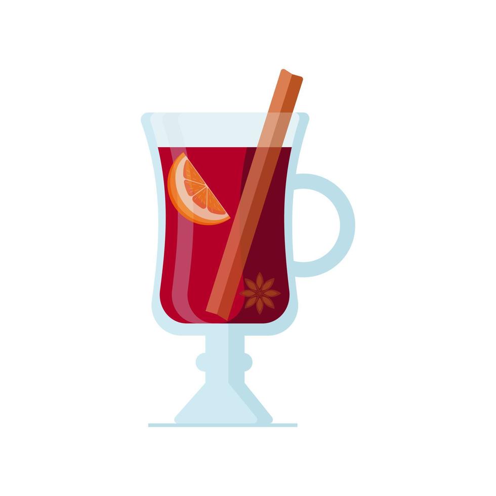 vino caliente aislado sobre fondo blanco. bebida caliente en vaso, estrella de anís, palito de canela, rodajas de naranja vector