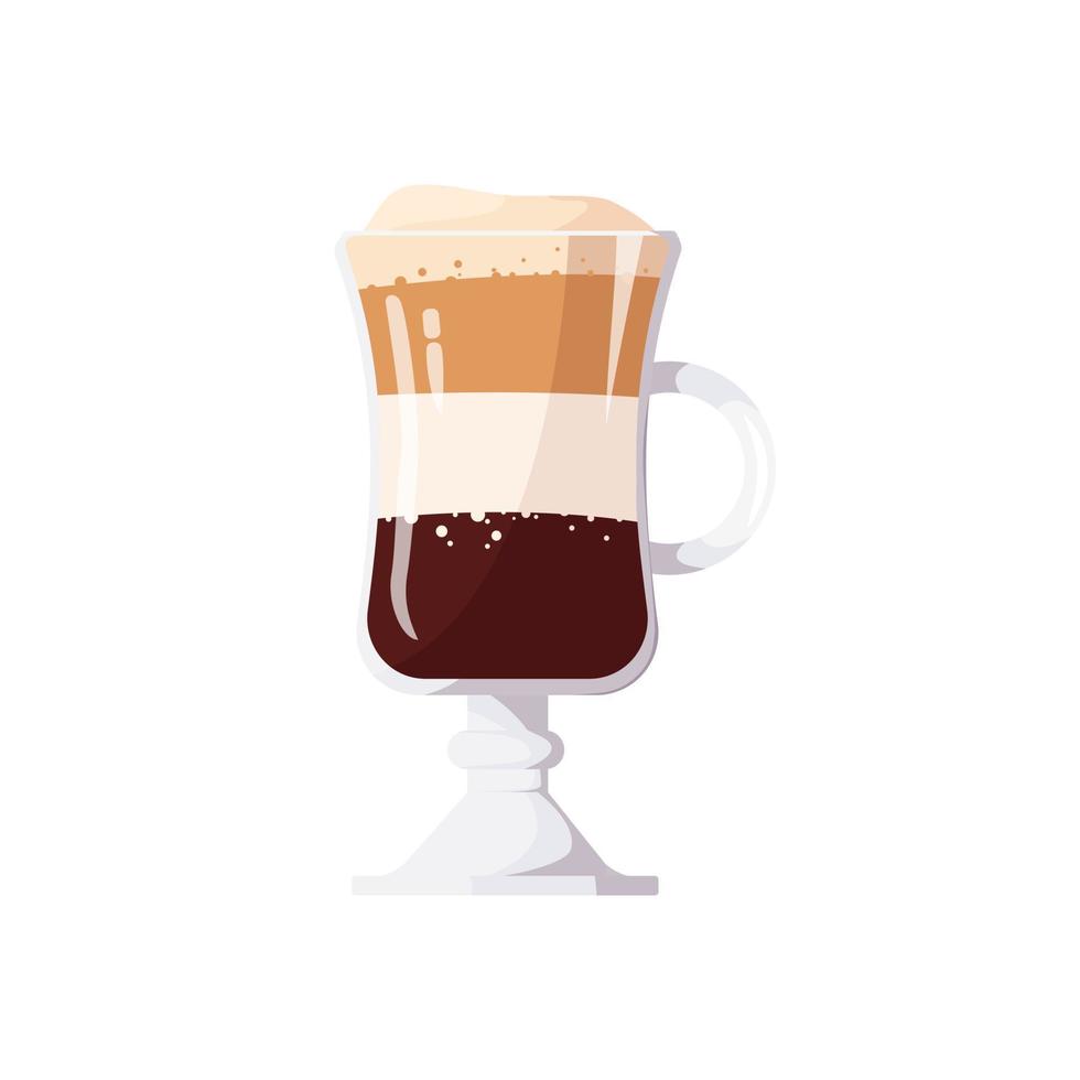 Coffee drink with whipped cream, fluffy foam in glass glass, isolated on white background. Irish, Mocha, Latte vector