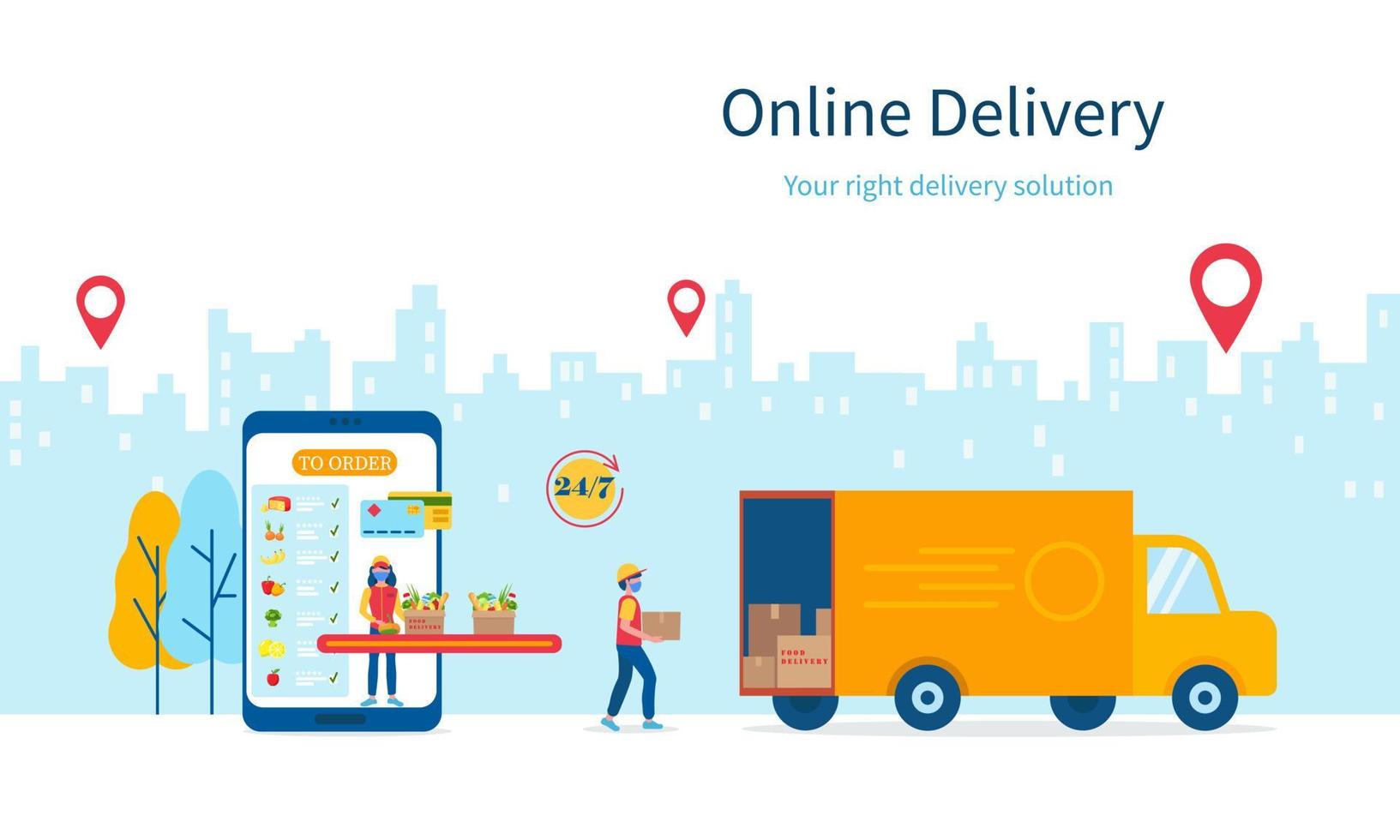 Online delivery service, courier in protective mask loads boxes with orders in van. Grocery delivery concept. Small people characters, infographics of online store vector