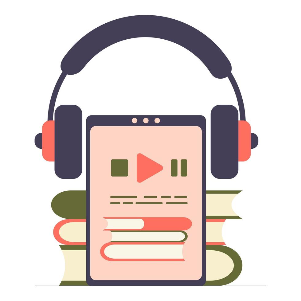 Screen of tablet or smartphone with books and headphones. Concept of an electronic library, distance learning, education. Logo of digital online books application vector