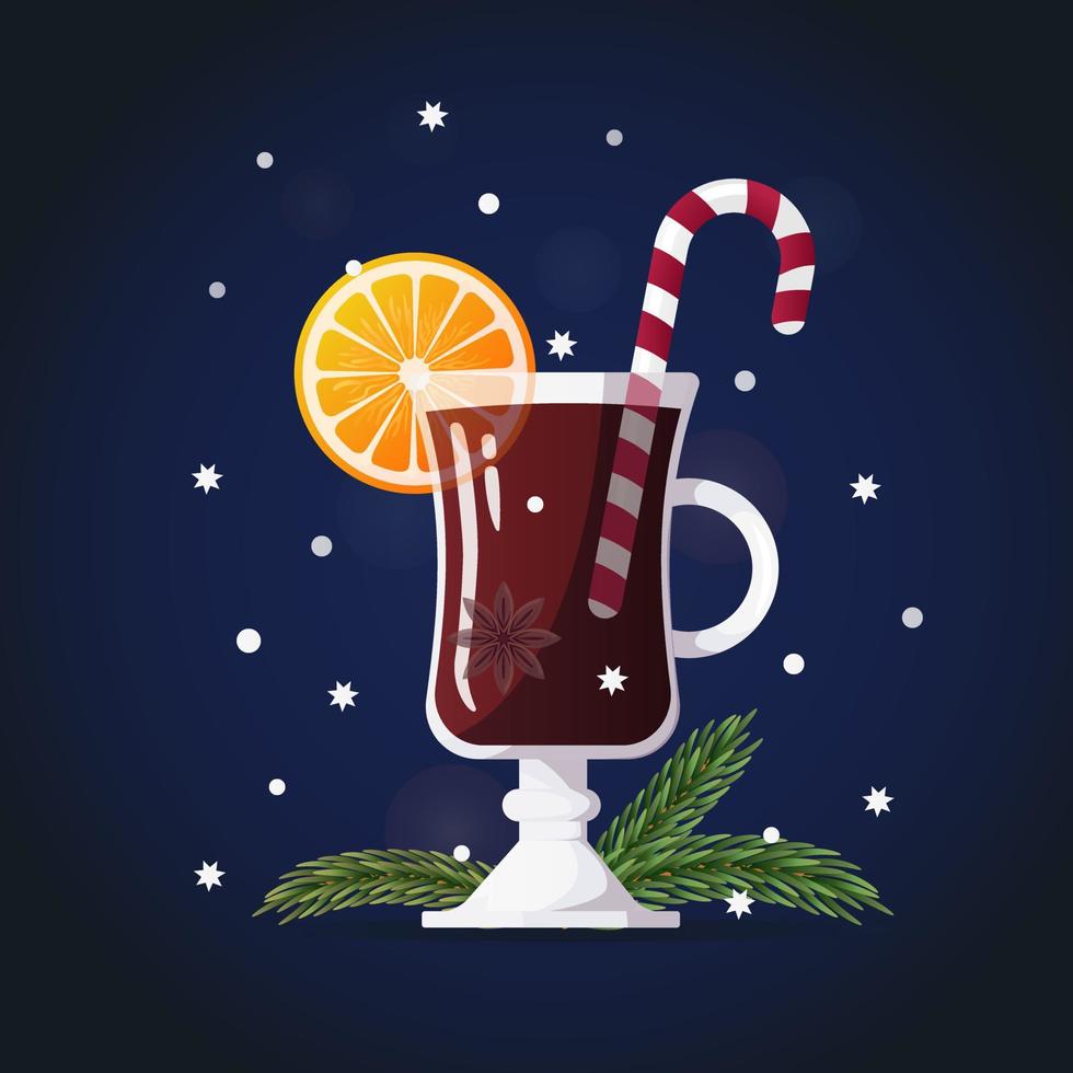 bebida navideña vino caliente con rodaja de naranja, anís estrellado y caramelo vector